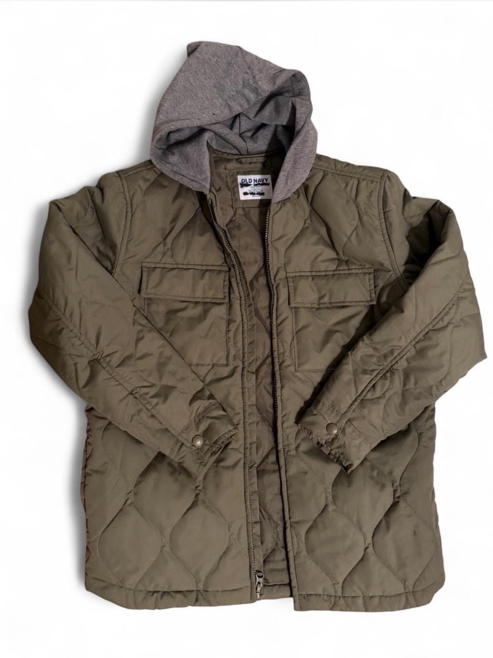 Old Navy Boys Olive Green Quilted Field Jacket with Gray Hood